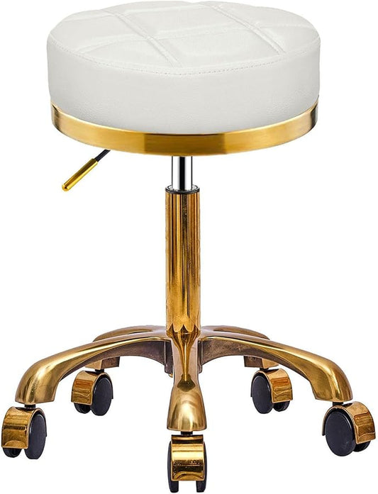 Gold Rolling Vanity Stool with Wheels, Padded Seat, Adjustable Round Rolling Chair, Office Work Stool, Pedicure Salon Spa Massage Esthetician Chair For Hair Salons, Spas, Tattoo (white, Without Back)