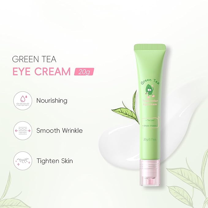 Green Tea Triple-roller Eye Cream, Multi-Effect Under Eye Cream for Smooth Wrinkle & Tighten Skin, Day & Night Moisturizing Eye Cream with Green Tea Extract, Reduce Wrinkles Fine Lines & Bags