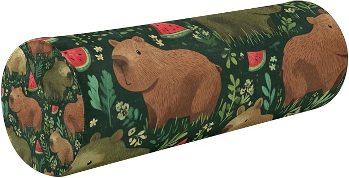 Green Grass Capybara Watermelon Neck Roll Pillow Bolster Round Health Memory Foam Long Cervical Cylinder Pillows with Removable Washable Cover for Body Bed Legs Back Yoga