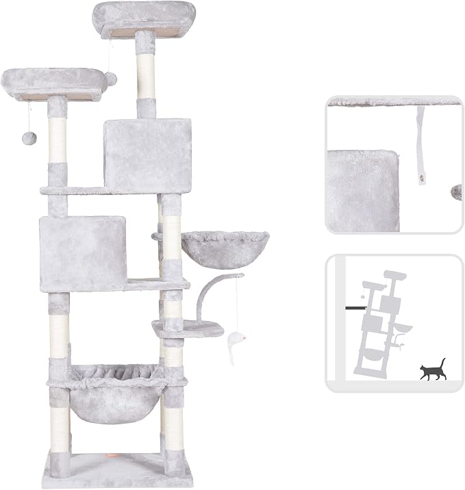 Heybly Cat Tree, 70 inches Tall Cat Tower for Indoor Large Cats HCT032W | Big Cat Condo with Toy , Cat House Furniture with Padded Plush Perch, Cozy Hammock and Sisal Scratching Posts, Light Gray