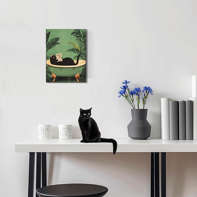 Funny Bathroom Black Cat Wall Art Set of 3, Whimsical Animal Bathroom Wall Decor Painting Maximalist Quirky Dark Pet Cat Toilet Canvas Poster Prints Aesthetics, Framed 16x24 inch
