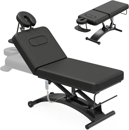 Paddie 550lbs Hi-Lo Electric Massage Table Professional, Black | Hydraulic Adjustable Backrest, Adjustable Face Cradle, Rolling Wheels