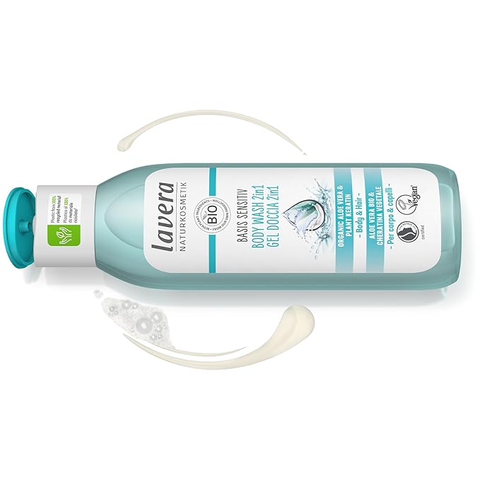 lavera basis sensitiv care shower 2in1 - gentle cleansing for skin & hair with aloe vera & plant keratin - pH-neutral - PETA certified - vegan - natural cosmetics - 8.45 fl.oz.