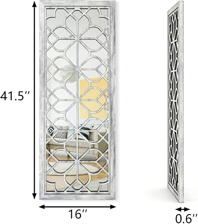 Set of 2 16x41.5 Inch Large Carved Floral Wood Frame Wall Mirrors, Shatterproof Boho Farmhouse Rustic Accent Mirrors for Living Room, Bedroom, Bathroom, Entryway & Home Wall Decor (Gray)