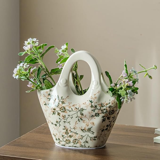 Ceramic Flower Vase for Home Decor, Vintage Green Purse Vase 9 Inch | Rustic Farmhouse Floral Vase for Bookshelf, Living Room, Kitchen, Coffee Table, Mantel, Entryway, Wedding Centerpiece