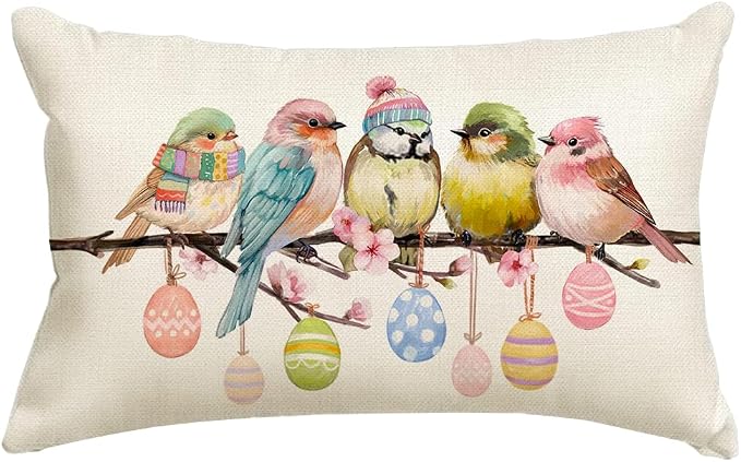 RABUSOFA Easter Pillow Covers 12x20 inch Easter Decorations for Home Pink Birds Colorful Eggs Lumbar Throw Pillows for Bedroom Sofa Holiday Festivals Decor