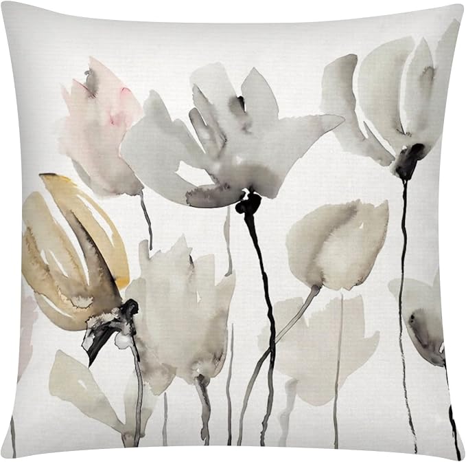 COMMINY Brown Grey Pillow Covers 16x16 Set 6 Watercolor Flower Cover | watercolor flower, decorative cushion cover, Breathable Linen, Accent pillow chair small Sofa, spring summer Decor
