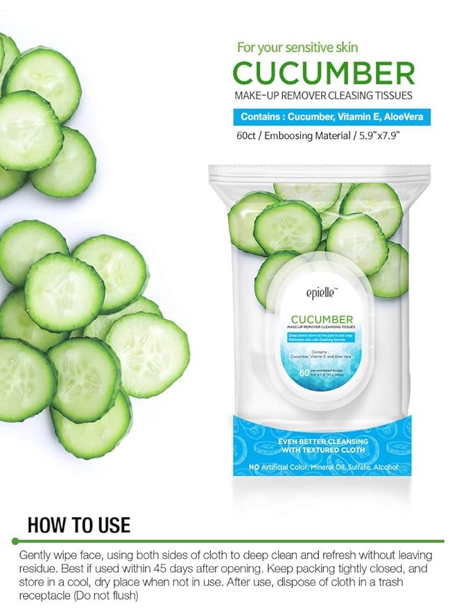 Epielle Cucumber Makeup Remover Wipes, Gentle Daily Facial Cleanser Towelettes, Remove Dirt, Oil & Waterproof Mascara, Stocking Stuffers, 60 Count (Pack of 2)