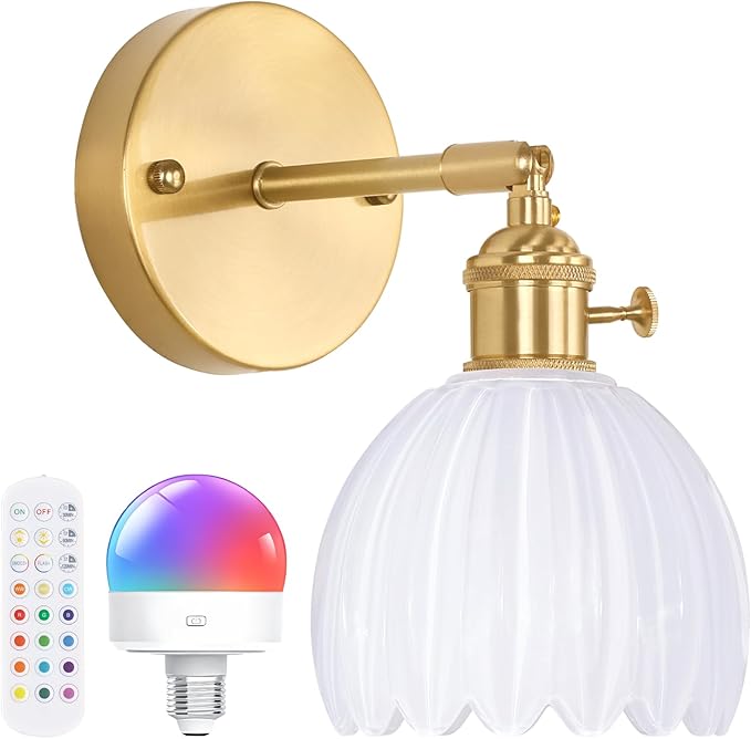 Shenmoyl Vintage Battery Operated Wall Sconce with White Tulip Glass Lampshade Rechargeable Battery Powered Wall Light with Remote Control for Bedside Bedroom Doorway