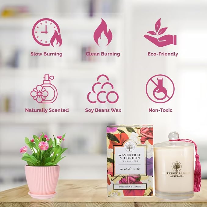 Wavertree & London Organic Sweet Pea & Jasmine Scent Soy Wax Candle | Non Toxic 100% Cotton Wick Triple Scented Pure Natural Soy Wax Candles, Hand Poured in Australia | 60 Hours Burning Time, 11.66 Oz