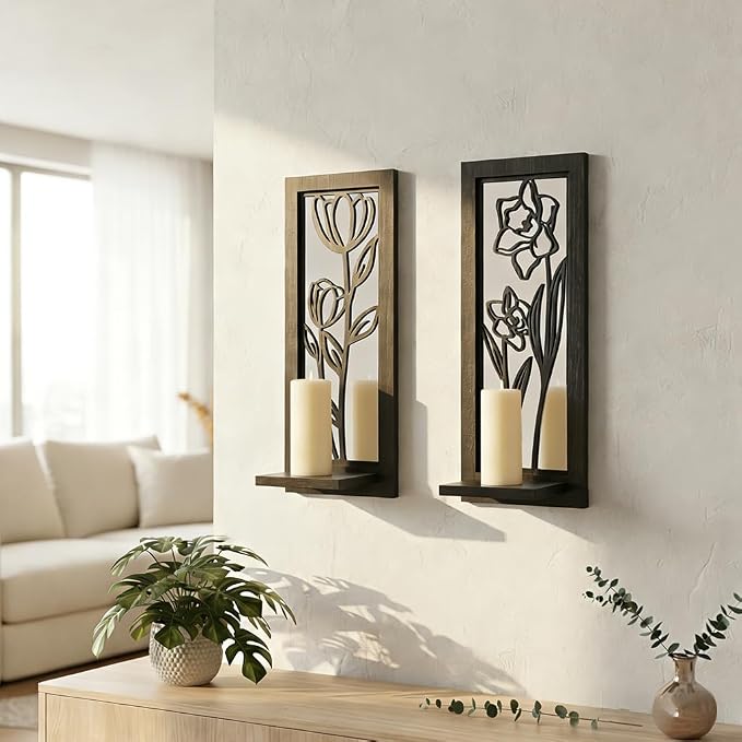 ZEXUIRU 2 Set Rustic Candle Sconces Living Room Bedroom Entryway Wood Mirrored, Farmhouse, Carved Frame Wall-Mount Wooden Candle Holders Wall Decor Hanging Handmade Holder - Black