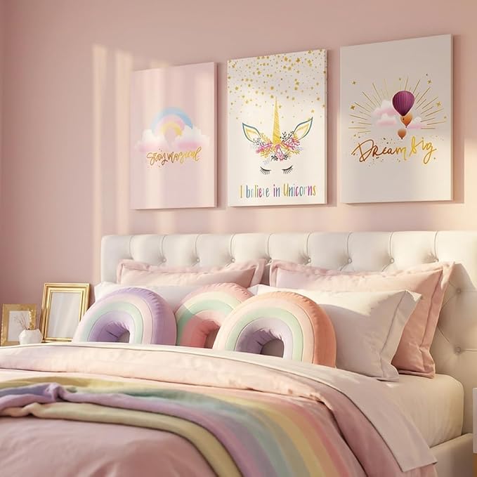 Chadow Artwork 3 Piece Girls Unicorn Canvas Wall Art Pastel Rainbow Hot Air Balloon Inspirational Nursery Decor Prints for Baby Girl Bedroom Playroom Nursery Bathroom Decor 12"x16"(30x40cm)