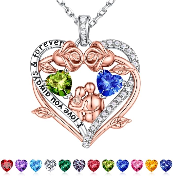 Iefil Valentines Gifts for Her Wife - 925 Sterling Silver Double Heart Birthstone Necklace, Anniversary Birthday Gifts for Women Wife Girlfriend