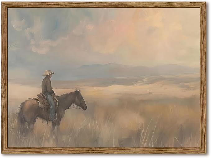 Vintage Western Cowboy Wall Art Cowboy on Horse Wall Decor Paintings, Southwestern Landscape Poster Canvas Prints for Bedroom Farmhouse Living Room 16x24 inch Wood Framed