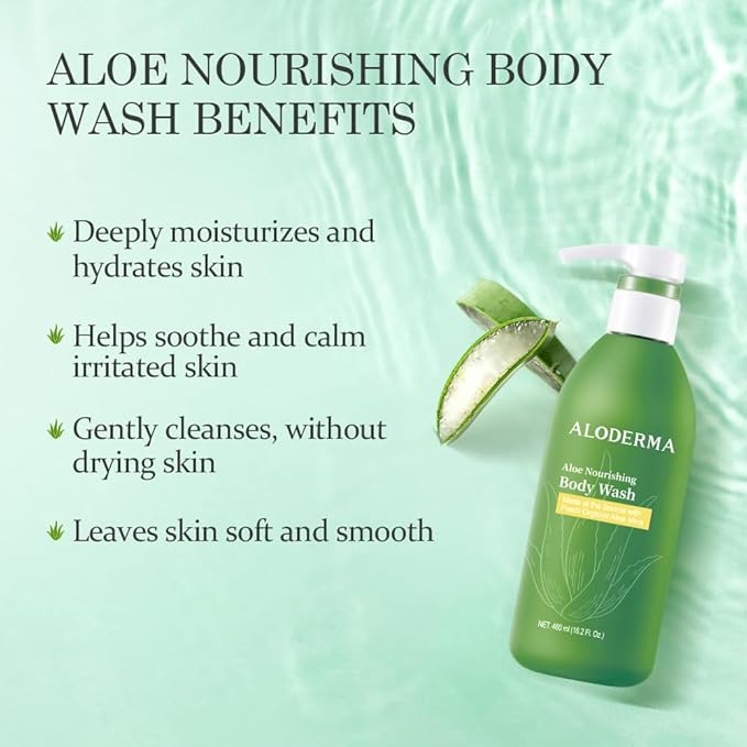 Aloderma Aloe Nourishing Body Wash 16oz - Fresh, Organic Aloe Vera Based (No Water Added) For All Skin Types + Moisturizing Shea Butter & Allantoin for Naturally Soft, Hydrated, & Nourished Skin