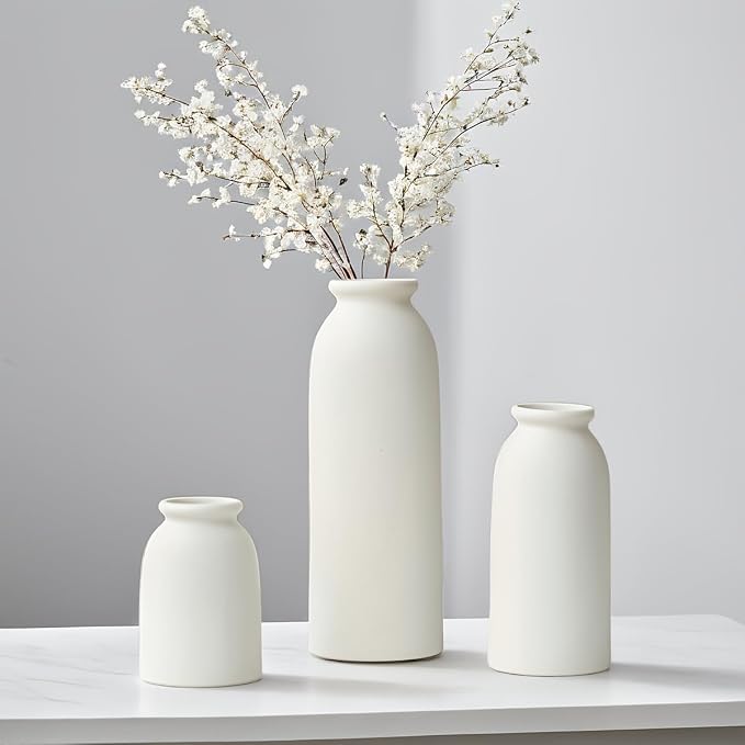 Ceramic Vase Set-3, Small Flower Vases for Decor, Modern Boho Farmhouse Style, Decorative Vases for Pampas Grass & Dried Flowers, Distressed Finish (White)
