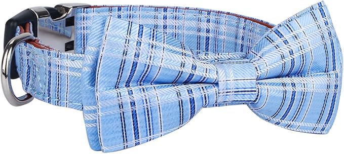 Dog Collar with Bow Tie for Girl or Boy Gift Soft Durable Bowtie Blue Tartan Plaid Medium