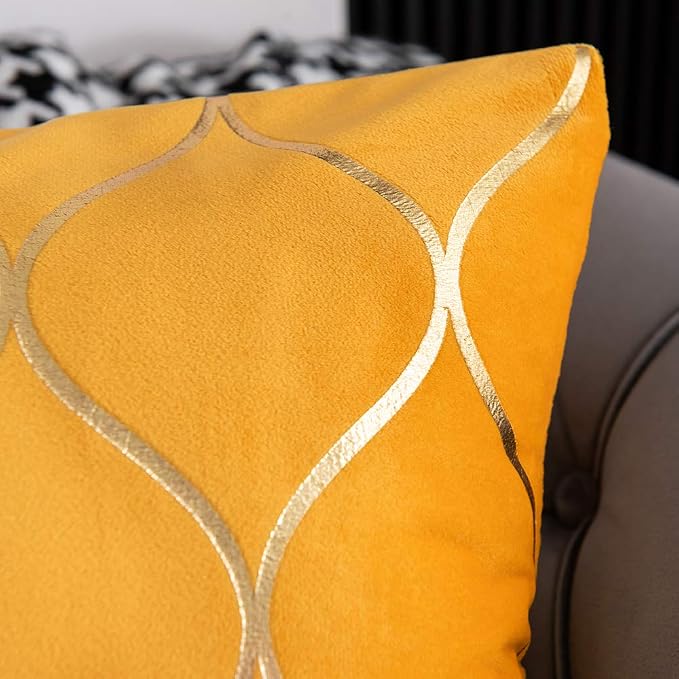 24x24 Inch Gold Velvet Throw Pillow Covers: 2 Pack Square Decorative Pillow Cases for Bedroom Sofa Couch Living Room, Yellow