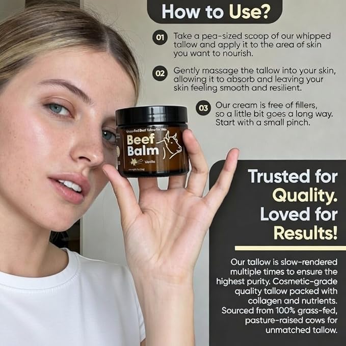 Beef Tallow for Skin – Grass-Fed Tallow Balm, Face & Body Cream, Natural Tallow Lotion for Dry Skin, Anti-Aging, Vanilla Scented (2oz)