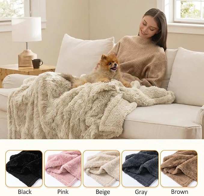 Pet Blankets Waterproof Fluffy Fleece Blanket Cat Dog Blankets Liquid Pee Proof Throw Blanket Reversible Furniture Protector Cover Washable for Couches Beds Sofa,65"x57" Beige