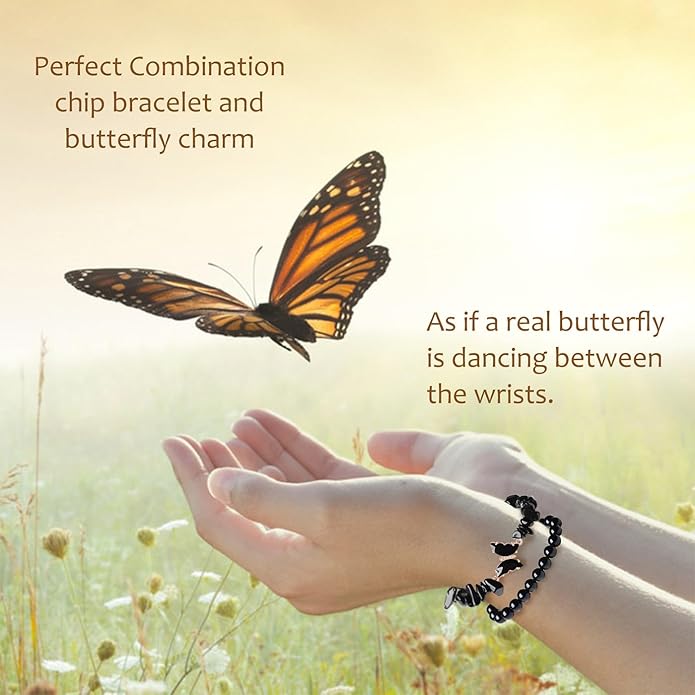 DUQGUHO 2Pcs Butterfly Bracelets for Women Healing Crystals Bracelets for Women Natural Gemstone Bead Bracelet Cute Butterfly Charm Bracelet Stretch 8mm Crystal Jewelry Gifts for Women