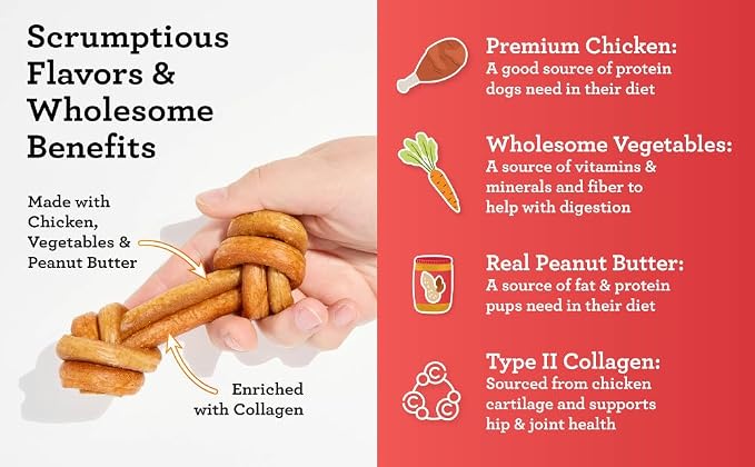 DreamBone CollaYUMS Knots Plus Collagen Chews for Dogs, 8 Count, Treat Your Dog to Rawhide-Free Chews Made with Chicken, Vegetables and Peanut Butter (Pack of 2)