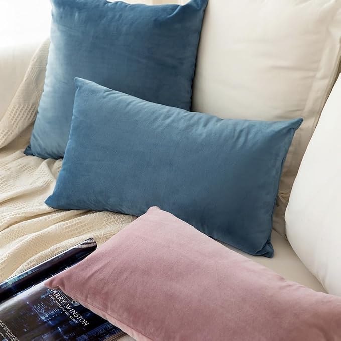 MIULEE 12x20 Inch Lumbar Velvet Throw Pillow Covers Blue Gray | Pack of 2 Soft Solid Decorative Pillow Covers, Modern Luxury Home Decor, for Chair Couch Sofa Bedroom Livingroom