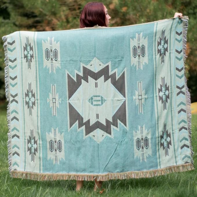 Aztec Throw Blanket Native American Blanket Southwestern Boho Decor Reversible Woven Tassels Mexican Blankets and Throws for Couch Bed Chair Wall Livingroom Outdoor Travel Brown 63"x87"