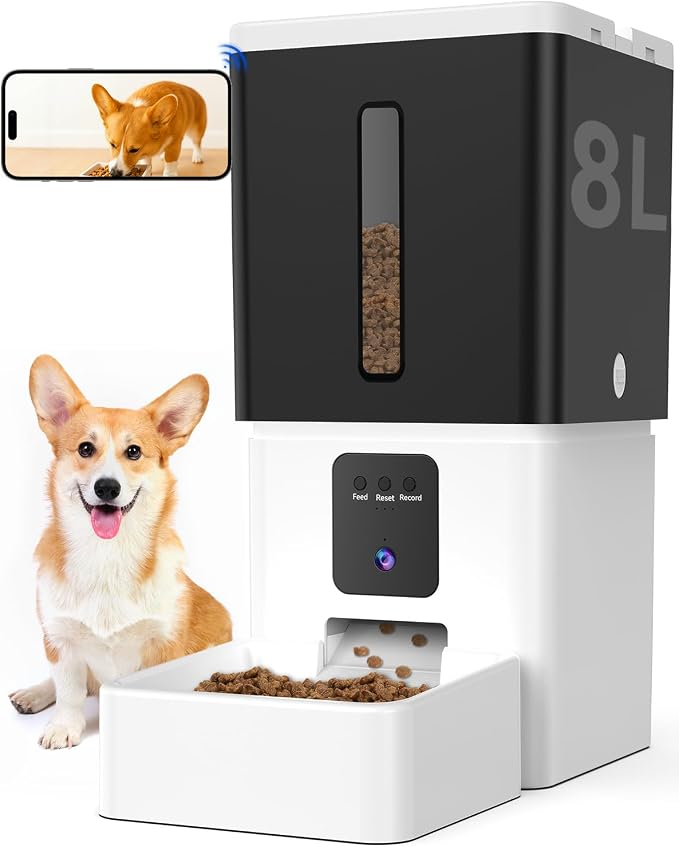 UTCG Automatic Dog Feeder with Camera: 8L/33 Cups 5G WiFi | Timed Food Dispenser for Medium Dogs, 1080P HD Night Vision, Video Recording, 2-Way Audio, APP Control