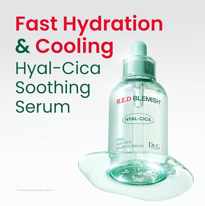 Dr. G R.E.D. Blemish Clear Hyal-Cica Soothing Serum - Korean Skincare - Long-Lasting, Hydrating Serum for All Skin Types - Cools Skin Temperature - Hyaluronic Acid & Centella Asiatica - 1.69 fl oz