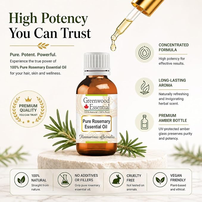 Greenwood Essential Pure Rosemary Essential Oil (Rosmarinus officinalis) Steam Distilled 5ml (0.16 oz)