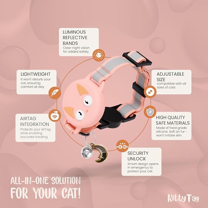 AirTag Cat Collar – Breakaway Reflective & Waterproof Collar with Built-in Holder, Adjustable with Bell for Indoor/Outdoor Cats – AirTag Not Included, Pink (9-12")
