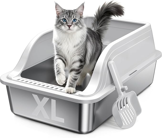 High-Sided Stainless Steel XL Cat Litter Box for Cats | Open Top, Front Entry, Non-Stick & Leak-Proof, Odor Free, Scoop Included, Anti-Urine Leakage