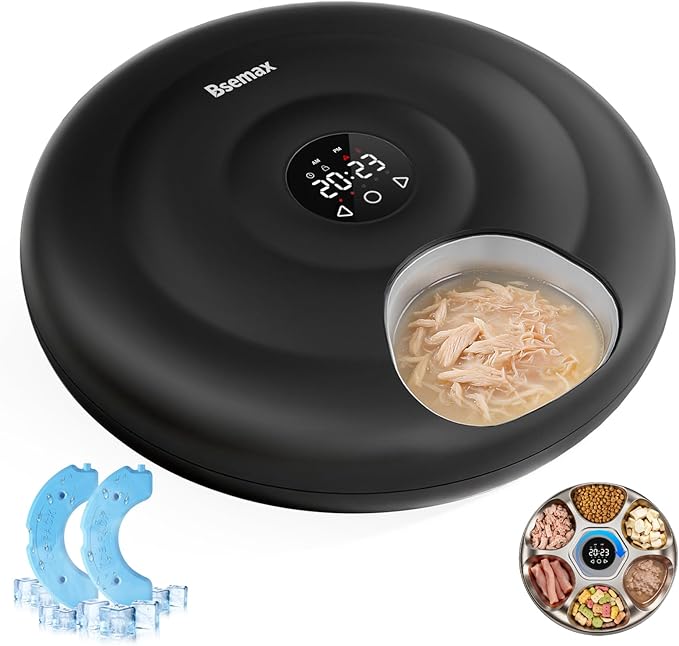 Automatic Wet Food Cat Feeder 6 Meal with Stainless Steel Tray, Auto Refrigerated Wet Foods Feeder for Cats Dogs, Programmable Timed Fresh Foods Dispenser with 2 Ice Packs for Kitty Puppy Cat Dog