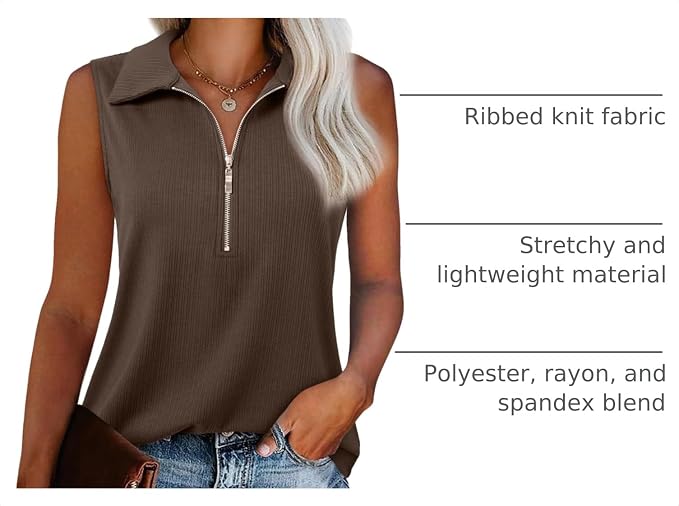 Vivilli Womens Ribbed Tank Top Zipper V Neck Dressy Casual Blouses Sleeveless Camisole Tops Work Tank Polo Shirts