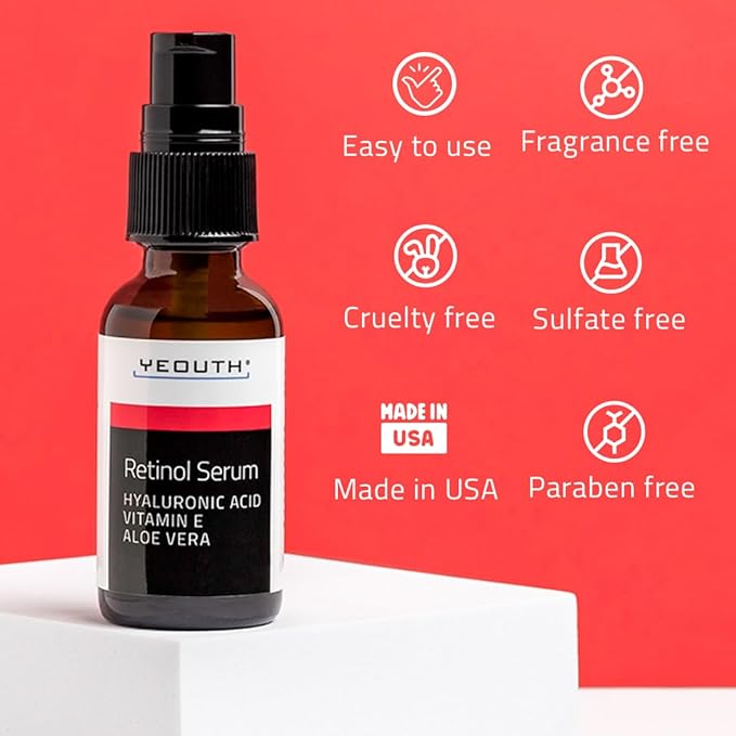 YEOUTH Retinol Serum for Face with Hyaluronic Acid & Vitamin E, Hydrating Retinol Face Serum for Women & Men, Facial Skin Care for Even Skin Tone - 1oz