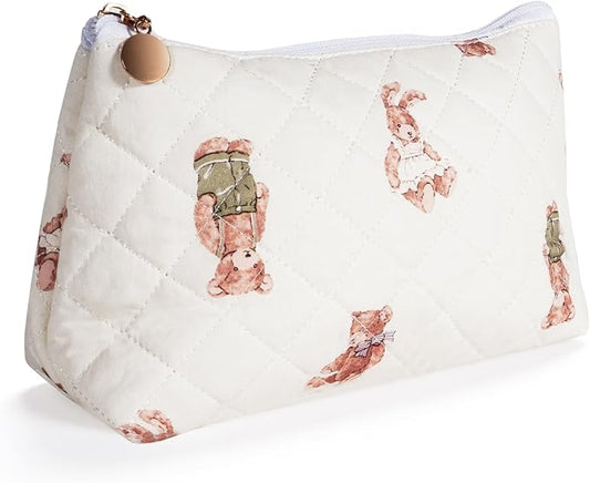 Quilted Cotton Makeup Bag, Coquette Quilted Toiletry Bag for Women and Girls, Floral Coquette Pouch, Cute Kawaii Travel Cosmetic Bags (Bear and Rabbit)