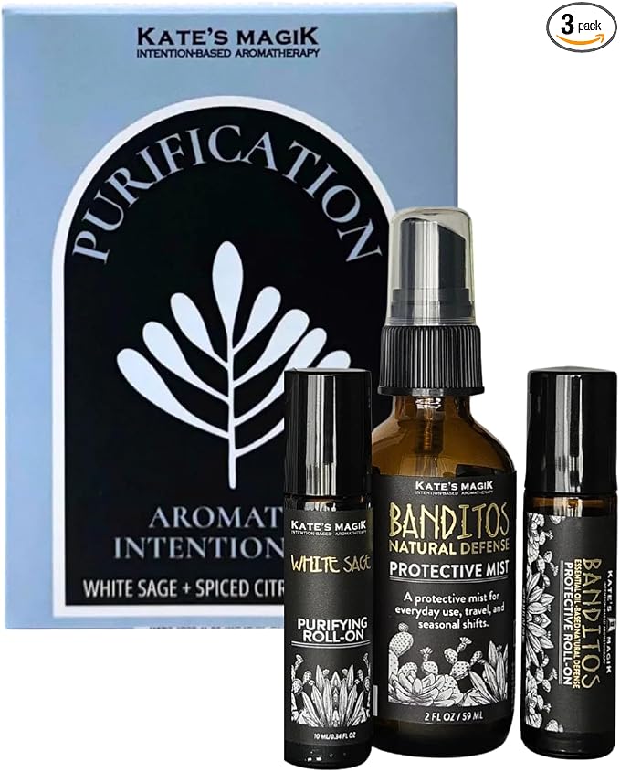 Kate’s Magik Purification Aromatic Intention Set, Protective Mist and Roll-Ons, White Sage, Juniper and Cedarwood, Wearable Aromatherapy for Clarity and Refreshing Rituals