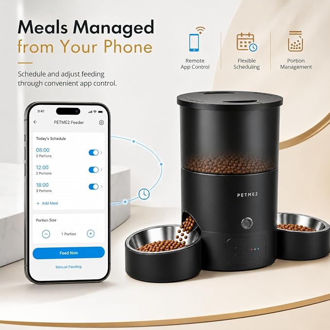 3L Cat Treat Dispenser with Dual Stainless Steel Cat Bowls - Quiet Automatic Cat Feeder for 2 Cats with App Control, 2 Way Audio, Dual Power Options, Self-Feeding Cat Food Dispenser - Black