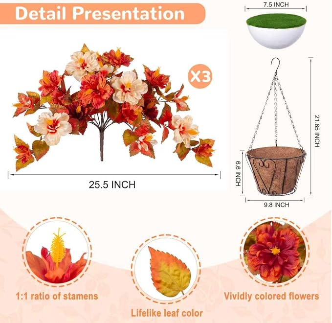 Artificial Fake Fall Hanging Flowers with Basket for Outdoors Decoration | 3PCS Faux Flowers for Outside Planters UV Resistant No Fade Silk Hibiscus for Home Porch Patio Garden Balcony Yard Decor