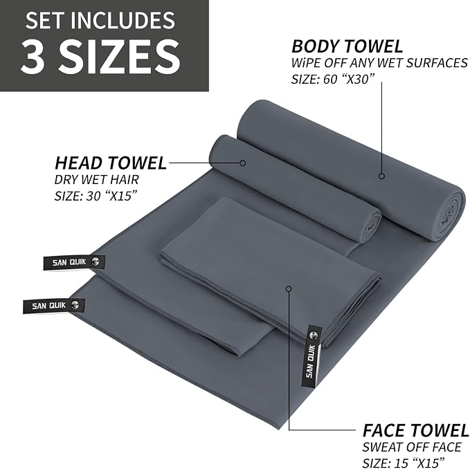 Quick Dry Camping Towel with EVA Case, Microfiber Travel Towel 3 Size at 1 Pack, Super Absorbent Lightweight Fast Drying Towel Set for Beach, Gym, Sports, Backpacking, Yoga & Swimming Pool, Dark Grey