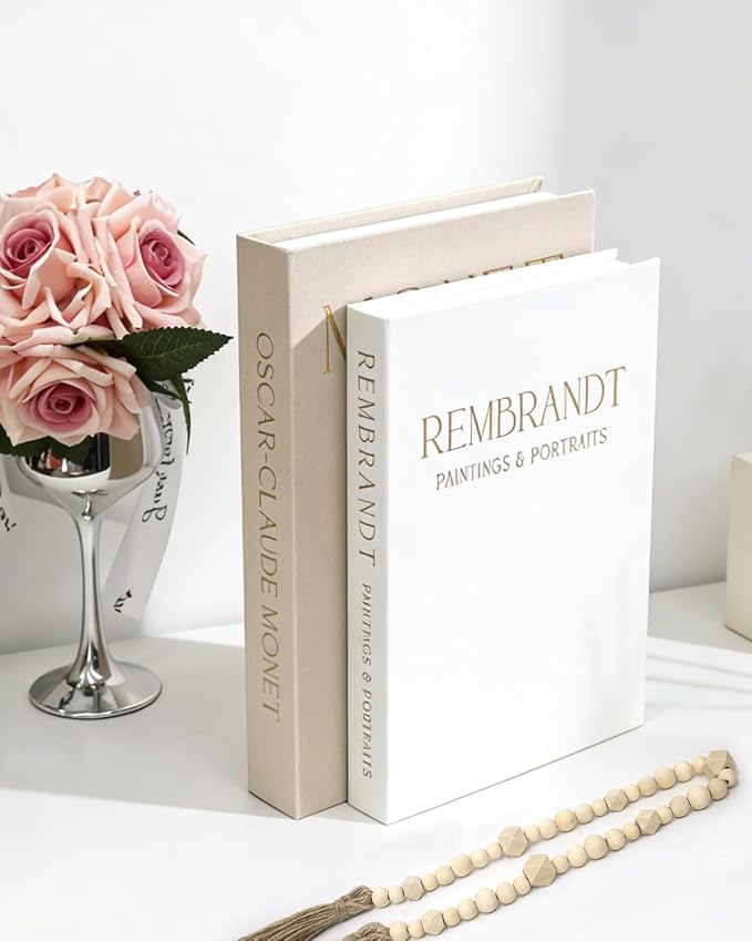 Decorative Books for Home Decor, Coffee Table Books Decor, 2 Linen Faux/Fake Books with Beads for Farmhouse Decor, Bookself, Mordern Room Decor Aesthetic