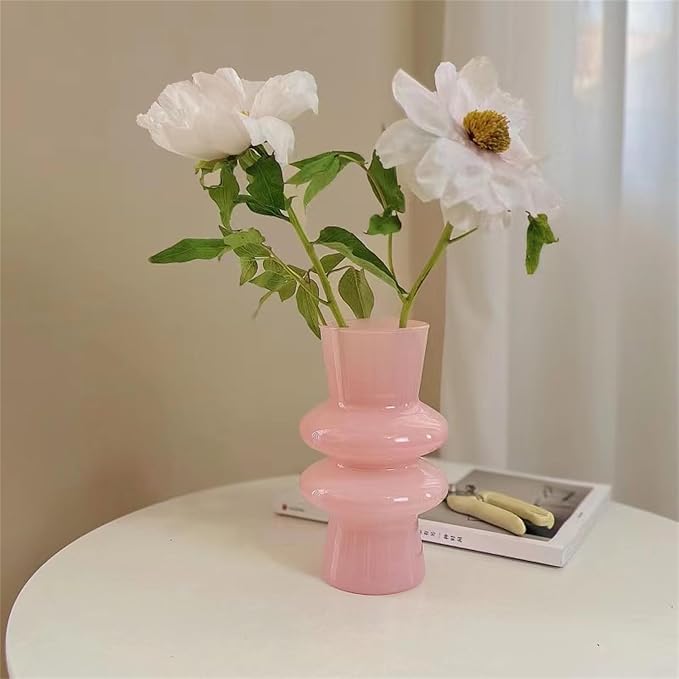 JSPYFITS Modern Glass Vases, 7.87" Tall Four-Layer Book Vase Bubble Flower Vases Decorative for Home Decor, Pink Glass Table Vase for Wedding Housewarming Gift