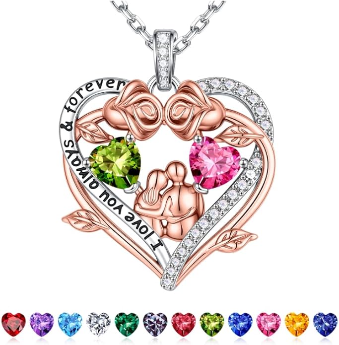 Iefil Valentines Gifts for Her Wife - 925 Sterling Silver Double Heart Birthstone Necklace, Anniversary Birthday Gifts for Women Wife Girlfriend