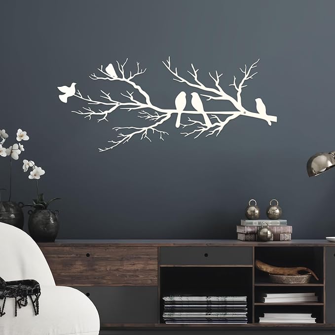 ESTART Metal Birds Wall Art, Metal Vivid Birds on Branch Silhouette Wall Decor White Leaves with Bird Outdoor Hanging Wall Sculpture for Home Living room Bedroom Balcony Garden (White, Small)