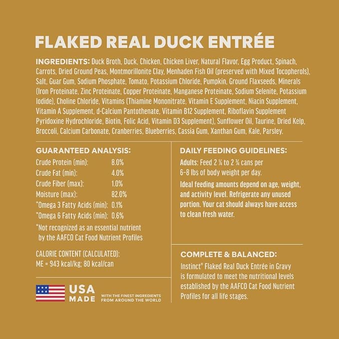 Instinct Flaked Entrees, Wet Canned Cat Food, Duck, 3 oz. (24 Count) | Tender flaked cuts in savory gravy, high protein, real duck, whole-food ingredients, grain-free, hydration support