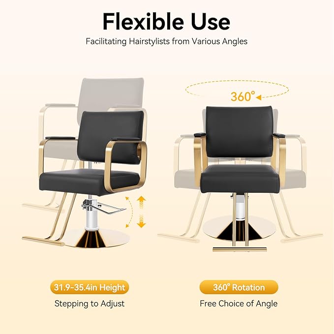 Salon Chair for Hair Stylist, Hydraulic Barber Chair with 360° Swivel, Height Adjustable Styling Chair for Barbershop, Beauty Salon, Tattoo & Spa Equipment, Black and Golden, 4Pcs