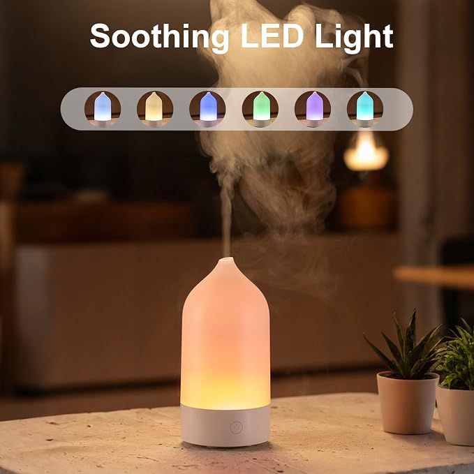 Aroma Diffuser 120ml, Ultrasonic Aromatherapy Humidifier with 7-Color Gradient LED Night Light, Silent Mist Maker for Home, Bedroom, Office, Desk, Simple 3-in-1 Design (White)