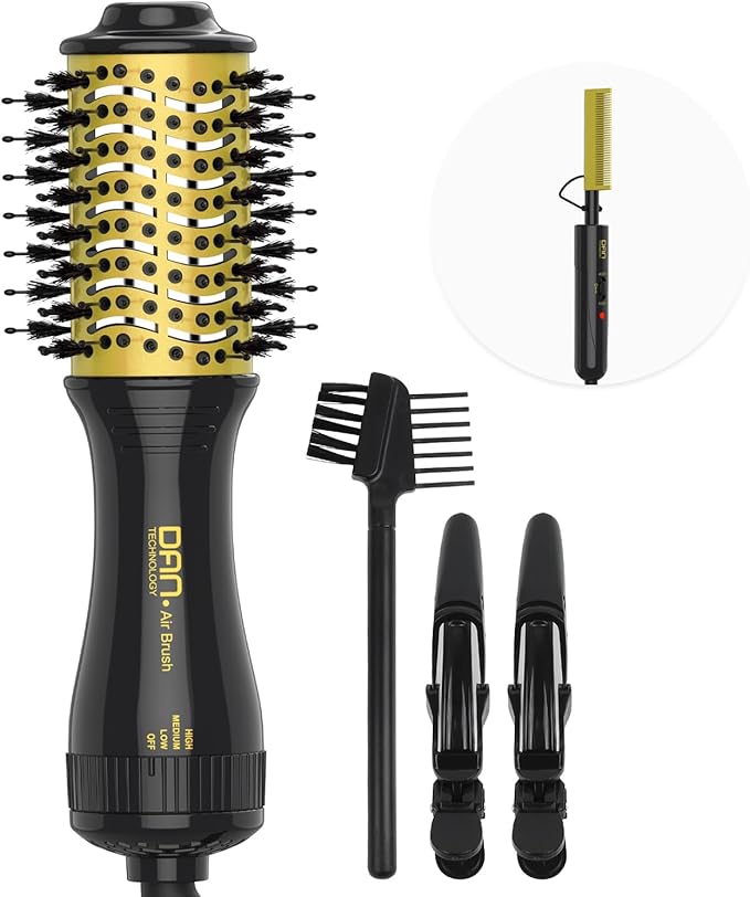 DAN Technology Hot Air Brush & Mini Curling Wand Set - 1 Inch Travel Set with 3 Temperature Settings (1 Inch Yellow)