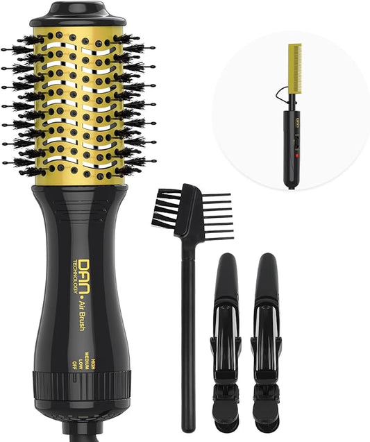 DAN Technology Hot Air Brush & Mini Curling Wand Set - 1 Inch Travel Set with 3 Temperature Settings (1 Inch Yellow)